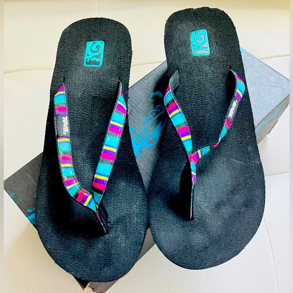 Teva Women's Black and Multicolor Flip Flops - Picture 1 of 5